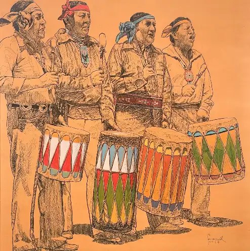 painting of native american men drumming